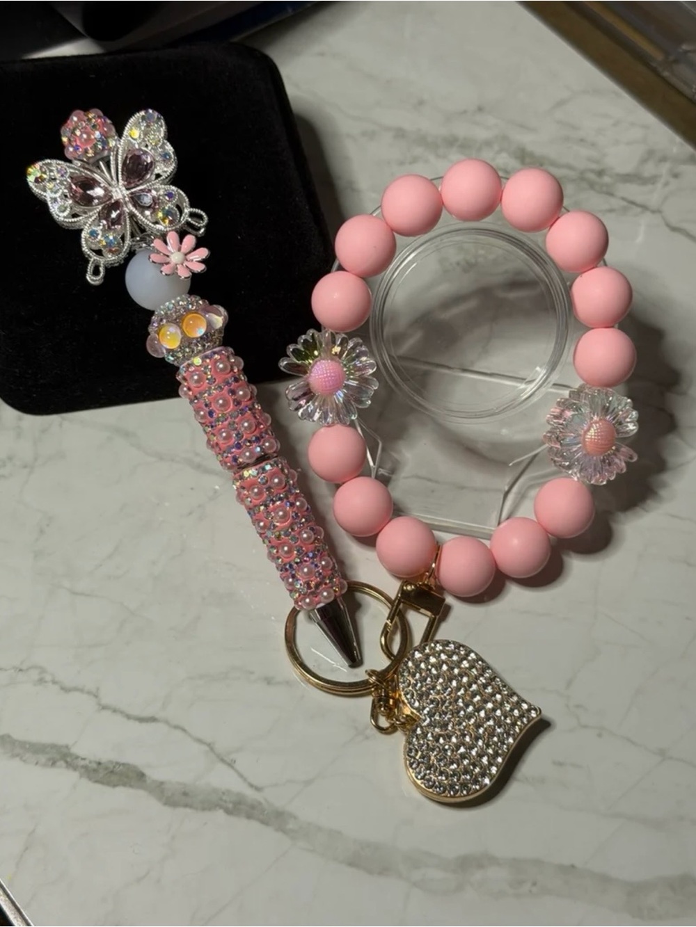 Pink Beaded Pen and Matching Keychain/phoneWrist Straps.